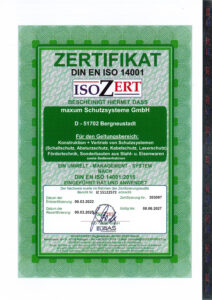 Zertifikat ISO 14001 maxum Schutzsysteme GmbH gültig bis 08.06